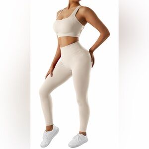 Cream Ribbed Leggings and Crop Top Set